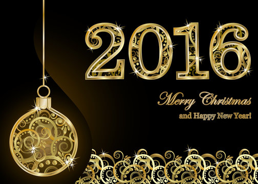 Happy New 2016 year golden invitation card, vector illustration