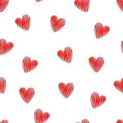 Seamless pattern with doodle red hearts.