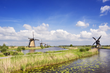 Traditional Dutch windmills on a sunny day at the Kinderdijk