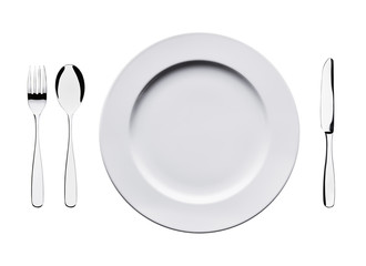 Empty flat plate with spoon, knife and fork isolated on white background.  View on cutlery set from top. Ceramic white dishes with fork, spoon and knife