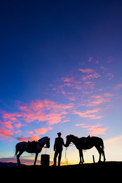 Silhouette of a man with two horses, Mount Bromo, East Java, Indonesia