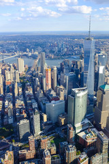 Aerial view of One World Trade Center and Manhattan skyline from the helicopter.