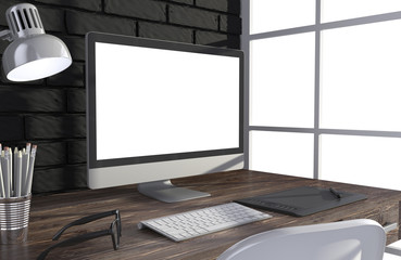 Fototapeta premium 3D illustration PC screen on table in office, Workspace