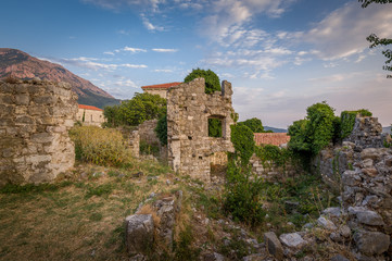 Fototapeta na wymiar Ruins of Old Bar fortress tower with windows.
