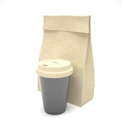 Coffee to go and lunch bag, on white.
