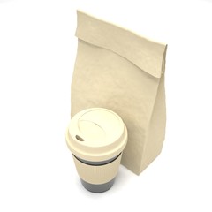 Coffee to go and lunch bag, on white.