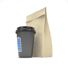 Coffee to go and lunch bag, on white.