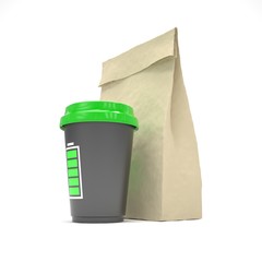 Coffee to go and lunch bag, on white.