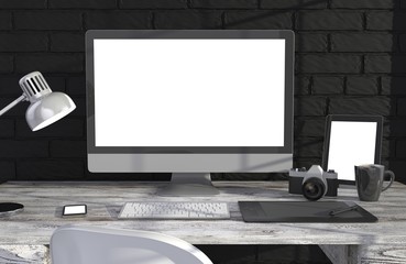 Fototapeta premium 3D illustration PC screen on table in office, Workspace