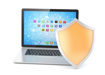 Laptop and shield on white, computer security concept