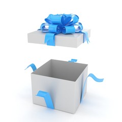 open gift box with bows isolated on white