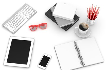 office stuff on table, workplace, top view