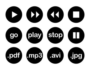 Play button or flat black web icon vector set isolated on white