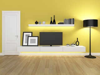 yellow living room with tv stand and bookcase - rendering