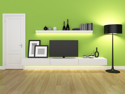 Green Living Room With Tv Stand And Bookcase - Rendering