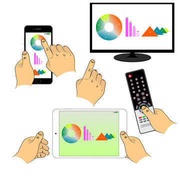 Set of hands and devices: phone, TV, Computers tablet, remote for the TV. You can use infographics, in web design, in graphs. Vector illustration. EPS 8