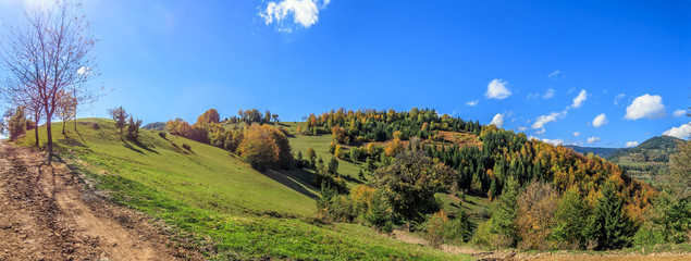 Panorama of hills and mountains in autumn
