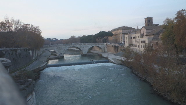 Birds floks dancing over Tiber island in Rome, Italy