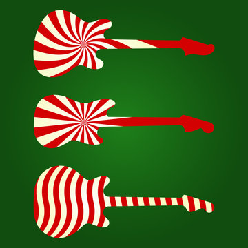 Holiday concept guitar silhouettes. Peppermint candy color guitar collection on green background. Vector illustration