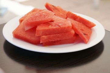 Fresh cut up pieces of red ripe watermelon
