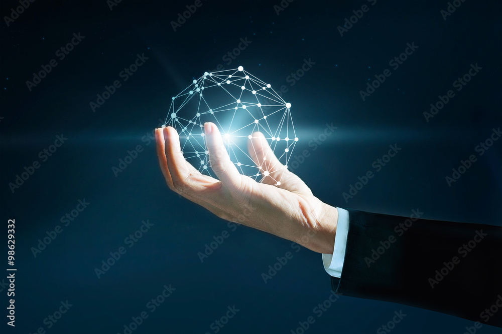 Poster abstract science, circle global network connection in hand, business concept