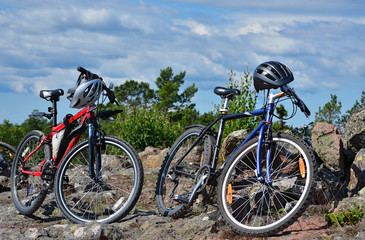 Fototapeta na wymiar two mountain bikes standing in countryside