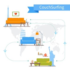 Couch Surfing and sharing economy concept. Vector illustration in flat style design. Travel infographic