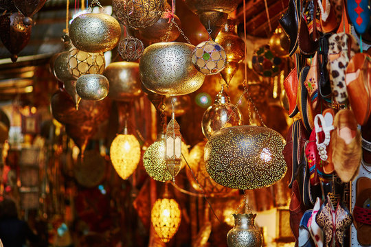 Selection of traditional lamps on Moroccan market in Marrakech, Morocco