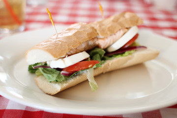 Delicious salmon sandwich with mozzarella, tomato, and lettuce at a cafe.