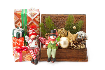 Christmas fir twigs, toys and gifts