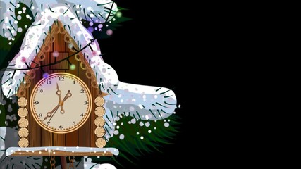 Old wooden clock with fir tree and snow. 2D computer animation of midnight comes (New Year comes)