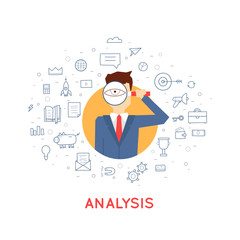 Doodle Man analyzes data. Flat design.