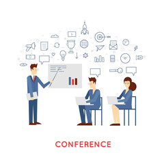 Doodle Businessman giving a presentation. Business meeting. People talking on-line. Teamwork analyzing project on business meeting. Flat design vector illustration.