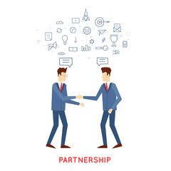 Doodle partnership, Cooperation, the two men shake hands, contracts, agreements, business. Flat design.