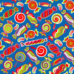 Naklejka premium Seamless pattern vector background with lollipops and candies. Vector seamless background with colorful candies.