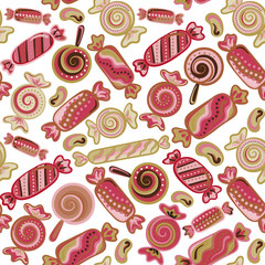 Seamless background with various candies. Vector illustration. Bright background with candies.