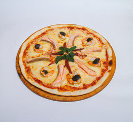 Seafood pizza isolated on white
