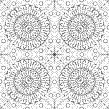 Complicated vector seamless black and white background, texture. Ornament of fine lines. Imitation lace. For wallpaper, packing.