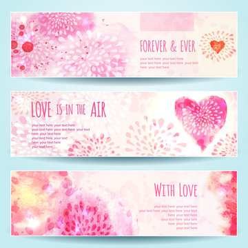 Watercolor Banners with Hearts. Vector illustration, eps10