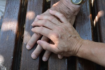 Obraz premium Old and Adult Hands. Hands of a fateher and his daughter on a wooden bench in the street.