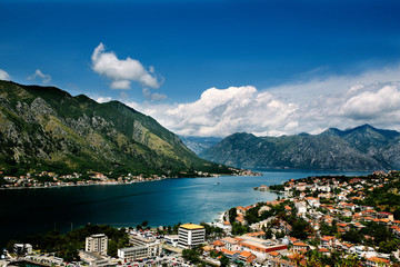 Kotor Bay with sea and mountains at summer in Montengro