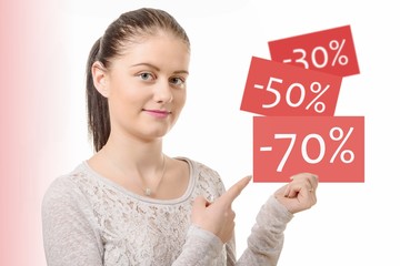  young woman shows the best discount sales