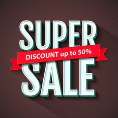 Super Sale inscription, banner design template. Super Sale, discount up to 50%. Vector illustration