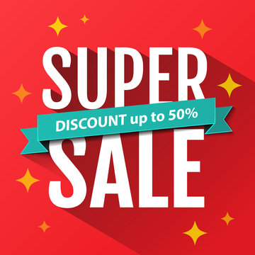 Super Sale inscription, design template. Super Sale banner. Sale poster. Super Sale discount up to 50%. Vector illustration