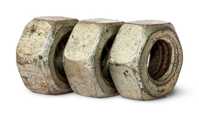 Three old rusty nuts in a row