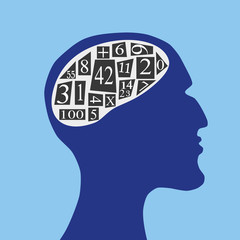 Profile of a human head with a depiction of the brain filled with random numbers and mathematic symbols
