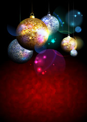 Colorful background with fur tree golden and silver mosaic balls on a dark backdrop.