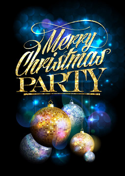 Merry Christmas party design with fur tree golden and silver balls.
