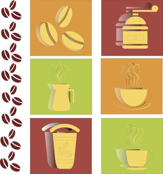 Coffee flat icons on red, green and orange background. Yellow coffee beans, the grinder, steaming cups, a teapot, a plastic cup with shadows. Design element, fine lines, vector