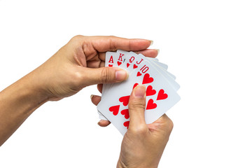 Playing cards in hand isolated on white background